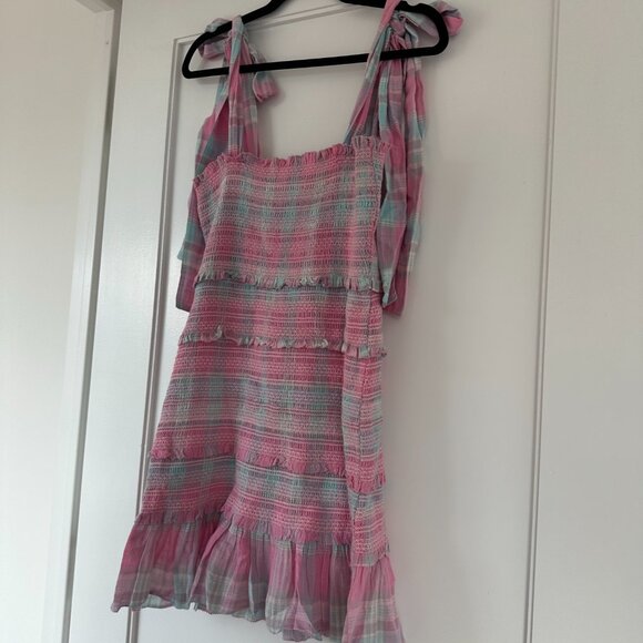 NWT LoveShackFancy Belle Mini Dress Pink Plaid Large Tie Shoulder Straps Smocked - Picture 9 of 10